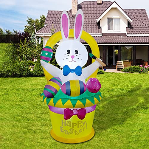 Cllayees 5 FT Easter Inflatable Outdoor Decoration, Inflatables Bunny with Basket and Eggs, Happy Easter Blow up Rabbit for Yard Lawn Garden Holiday Party