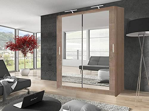 GSW Bedroom Furniture Modern Double Mirror Sliding Door Wardrobe With Shelves, Hanging Rail, And LED Light. (150 cm, Oak/Sonoma)