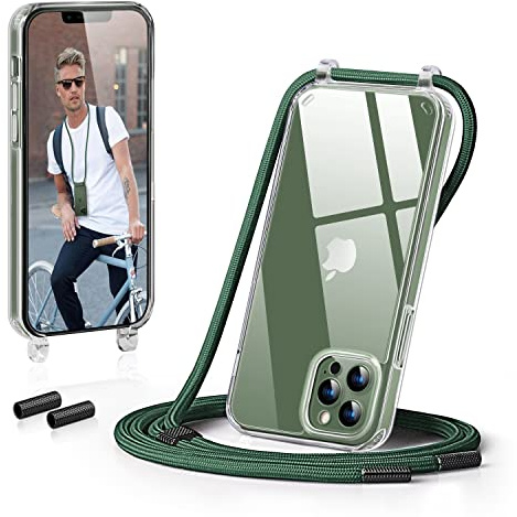 GOODVISH Handykette für iPhone 13 Pro Max Hülle mit Band, Dunkelgrün | Kameraschutz und Bildschirmschutz, Necklace Handyhülle Schnur Schutzhülle für Umhängen Transparent Case mit Kordel 6.7