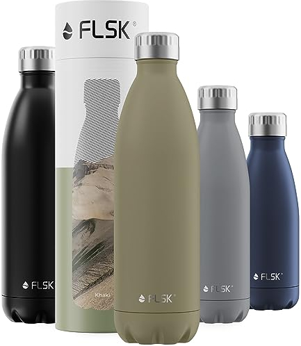 FLSK Das Original New Edition Edelstahl Trinkflasche • Kohlensäure geeignet • Die Isolierflasche hält 18 Stunden heiß und 24 Stunden kalt • ohne BPA und rostfrei, Khaki