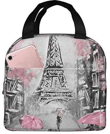 XVBCDFG Paris Street Torre Eiffel Rosa Floral Bolsa de almuerzo, Papel de aluminio portátil Aislamiento térmico grueso Bolsa de almuerzo Bolsa de almuerzo Bo