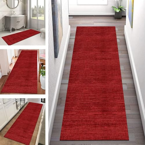 Teppich Läufer Flur Küche rutschfest waschbar Teppichläufer Lang 50X200CM Rot Kücheteppich Küchenläufer Meterware Korridor Tepiche Esszimmer Schlafzimmer Wohnzimmer Schmutzfangmatte Breit 40-120cm