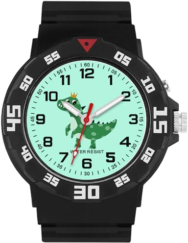 TENOCK Kinder Lernuhr Dinosaurier mit Nachtlicht für Jungen 30M wasserdichte Armbanduhren für Kinder von 4-12 Jahren Geschenk für Geburtstage/Ostern/Kindertag/Weihnachten/Neujahr Schwarz