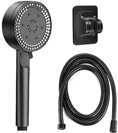 High Pressure Handheld Shower Head with 8 Modes, 2M Hose, Holder | High Pressure Set with Self-clean Silicone Nozzles, Drill-free Adhesive Holder, Showerhead for Low Pressure Bathroom, Black
