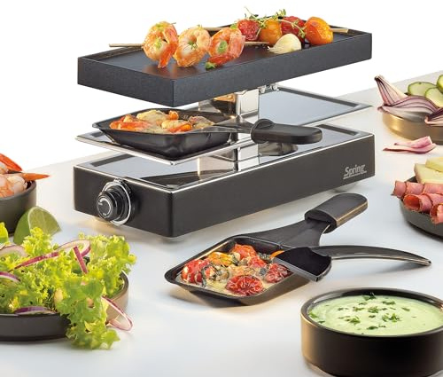 Spring CLASSIC Raclette 2 Personen, Tischgrill Antihaftbeschichtung Schwarz | elektrischer Tischgrill, Aluminiumguss-Grillplatte, antihaftbeschichtete Pfännchen, stufenlose Temperaturregelung, 440 W