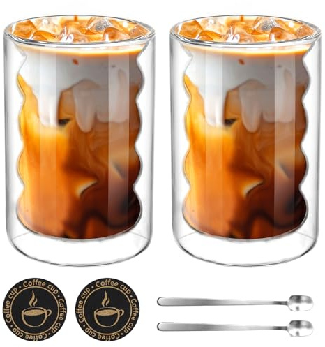Conjunto de 2 Tazas de Café de Cristal, 350ML Vasos de Espresso de Doble Pared Transparente con 2 cucharas y 2 posavasos, Tazas de Vidrio Borosilicato para Cafe Leche Té Latte Macchiato y Más (2pcs)