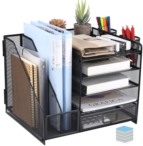 LEAZZLE 5-stöckiger Mesh-Schreibtisch-Organizer mit Schublade | Multifunktionaler Schreibtisch-Organizer mit 2 Zeitschriftenregalen 1 Haftnotiz,Papier-Brief-Organizer mit 5 Briefablage