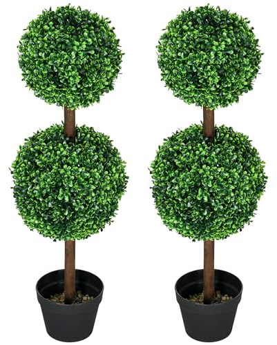 HOMCOM Lot de 2 Arbres buis Artificiel Double Boules avec Tronc et Pot Inclus - Hauteur 90 cm Vert