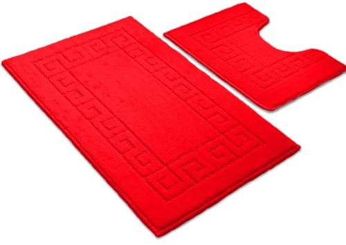 Ambience Products Lot de 2 tapis de bain antidérapants doux et lavables à séchage rapide - Motif clé grecque - Tapis de douche et contour WC (rouge)