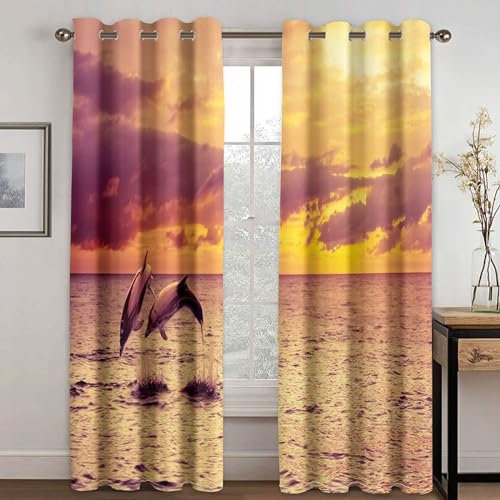 MTBDDyyds Vorhänge Für Kinderzimmer Jungen - 3D Sonnenuntergang Meer Delfine 137X117Cm - Kinderzimmervorhänge Mit Ösen, Verdunkelungsvorhang Gardinen Schals Vorhang Blickdicht