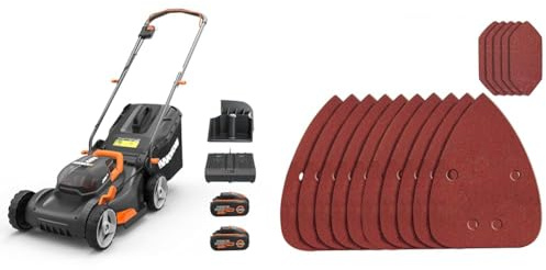 WORX WG743E Akku-Rasenmäher 40V – Profi Rasenmäher mit Mulchfunktion & PowerShare Akku – Rasenmähen ohne Kabel – Ideal für Gärten bis zu 500m² & WA2069 Schleifblatt-Set für WX648 Detailschleifer