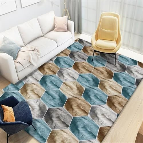Kunsen 140X200CM Teppich Waschbar Moderne minimalistische abstrakte geometrische Retro Stil Innendekoration Mehrfarbig Kaminteppich Flokati