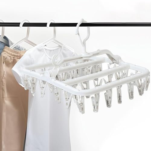 HTRTRR Appendiabiti per Calzini con 32 Pinze, Stendino Pieghevole e Girevole a 360°, Organizer Salvaspazio per Calzini e Intimo, Stendibiancheria Antivento per Interno ed Esterno (Bianco)