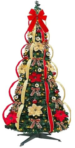 4FT Collapsible Christmas Tree, Fully Decorated Christmas Tree with Lights Collapsible Pop up Xmas Trees with Ornaments Ribbon and Bow, Artificial Foldable Christmas Tree for Home Xmas Holiday Party