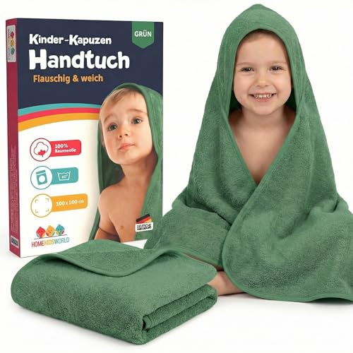 Home Kids World Kapuzenhandtuch Baby 100x100 cm (grün) – Weiches & saugstarkes Badetuch mit Kapuze – Kuscheliges Handtuch für Babys & Kinder inkl. Geschenkbox