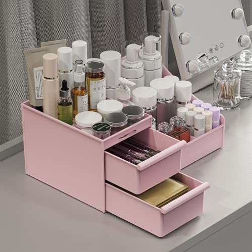 DancesCat Organizador de Maquillaje con Cajones, Organizador Cosmeticos, Organizador cremas, Almacenaje Maquillaje para Tocador Baño, Pintalabios,Organizador Perfumes,Skincare Organizer (Rosa)