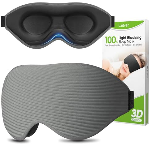 Schlafmaske für Seitenschläfer, Laitver Aktualisiert Augenmaske | 3D Lichtblockierend, Bequem & Atmungsaktive Druckfrei Schlafbrille mit Verstellbar Gummiband für Reisen,Hellgrau
