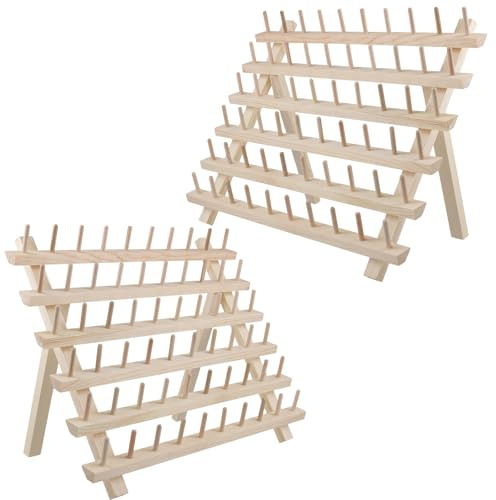 FUNSUEI 2er Set Holz Spulenhalter für Garnrollen, 60 Spulen Fadenspulenhalter mit Haken, Garnrollenhalter Organizer zur Aufbewahrung für Stickerei, Nähen