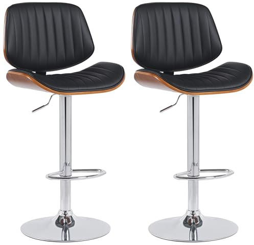 CLP Lot de 2 tabourets de Bar Clawson revêtement Similicuir I Chaise de Bar avec Cadre en Bois courbé réglable en Hauteur et pivotant I Couleur:Noyer/Noir, Couleur du Cadre:Chrome
