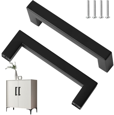 Quwem 2 Pack Black Cupboard Handles,Stainless Steel Cabinet Door Handles | 96mm Hole Center T Bar Kitchen Pulls Square for Cabinets Cupboards Wardrobe Drawer Dresser with Screws
