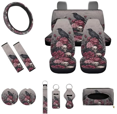 UOIMAG Gotische Autositzbezüge, komplettes Set mit Rabe-Autositz-Protektor, Totenkopf-Lenkradbezug, Blumen-Sicherheitsgurtpolster, 13-teilig