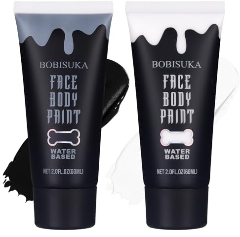 BOBISUKA Kit de peinture pour visage et corps noir et blanc, peinture à base d'eau pour Halloween, clown, squelette, joker, zombie, mime, tête de mort mexicaine, maquillage pour femmes adultes, non