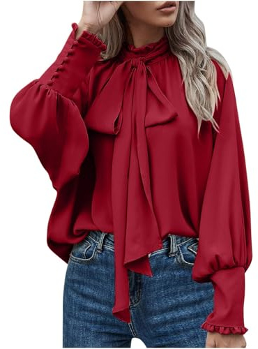 Camicetta da donna elegante con fiocco, collo alto, con volant e maniche a lanterna, in chiffon, per lavoro in ufficio, a maniche lunghe, a vestito, a vestibilità sciolta, con polsini, a manica lunga