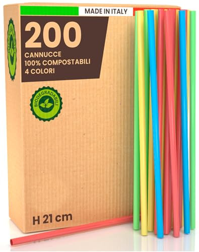 200 Cannucce Riutilizzabili Colorate Rigide per Cocktail Lunghe 21cmx6,8mm | 100% Ecologiche Biodegradabili e Compostabili - Made in Italy - per Bevande Eventi Feste