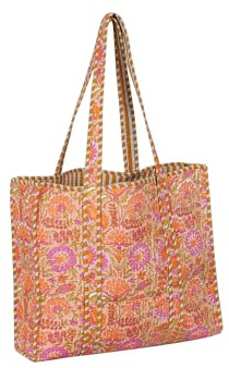 Indian Cotton Quilted Tote Bag Women shoulder Bag Carry, shopping Beach Bag Summer Holiday Essentials Shopping Travel Bag with Pockets Handbags for Women (Orange-Pink)