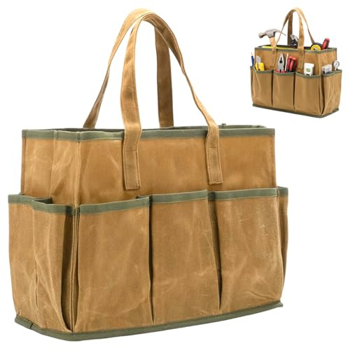 Yalitrca Tool Bag, 16oz Waxed Canvas Tool Tote Bag, 1 Large Capacity Tool Storage Bag with 10 External Pockets, Multi-Purpose Tool Carrier for Gardening Tools, Holds Wrenches, Hammers, Screwdrivers