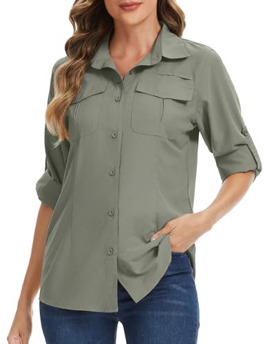 Women's UPF 50 Safari Hiking Shirt, Long Sleeve Sun Protection UV Clothing,Quick Dry Outdoor Casual Tops Womens Lightweight Walking Fishing Travel Shirts(W1001,Grey Green,L)