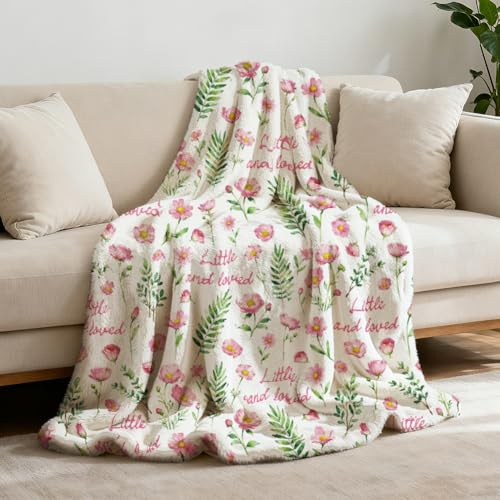 GLOBLELAND Flowers & Leaves Throw Blanket 59x51 inch Little and Loved | Soft Flannel Throw Washable Fuzzy Blanket for Couch Chair Sofa Bed Dorm Bedroom Home Gift Wedding Birthday Anniversary