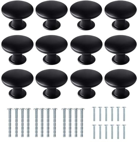 Storneliv 12pcs Black Drawer Knobs, 30mm Round Cabinet Knobs with Screws | Modern Black Stainless Steel Knobs for Cabinets, Drawers, Wardrobes, Cupboards, and Furniture With 2 Screw Sizes Included