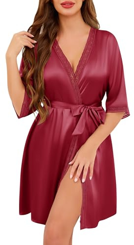 Wikoan satinbadrock för kvinnor, kort, lyx, satin, kimono, brud, spetsig, sexig morgonrock för damer, sidenrock för spa, bröllop, fest, S–XXL, röd, S