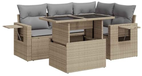 ZIRLANLV Set Divani da Giardino 5 Pezzi, Set Mobili da Giardino con Cuscini, Modulare, Gruppo Sedute Lounge per Terrazza, Piano Tavolo Regolabile, Pol (Beige e grigio #08)