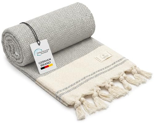 SIEGENTHAL® hamam-handduk – lätt strandhandduk och bastuhandduk av återvunnen bomull – snabbtorkande, stor och mjuk – 90 cm x 200 cm – perfekt för strand, bastu, yoga, picknick – grå
