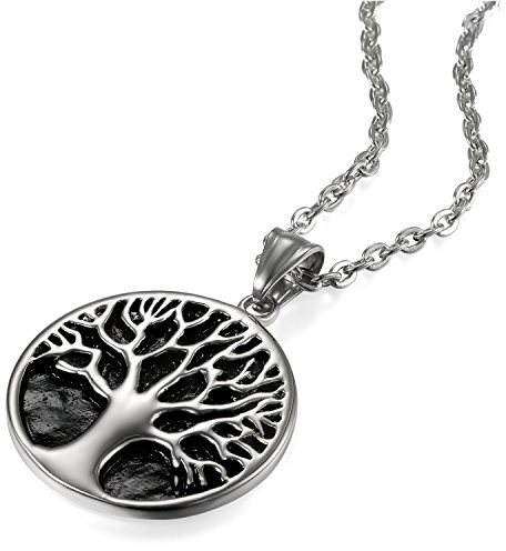 JewelryWe Schmuck Herren Halskette, Edelstahl Retro Lebensbaum Baum des Lebens Runden Anhänger mit 55cm Link Kette, Gold/Silber