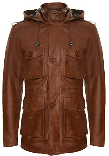 Men's Hooded Leather Multi-Pocket Duffle Trench Coat with Drawstring
