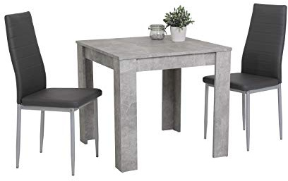 Hela Duo Juego de Comedor de 3 Piezas, Mesa Cuadrada de Madera procesada con Recubrimiento de melamina y Efecto hormigón, 2 sillas de Comedor Grises con Patas metálicas Grises