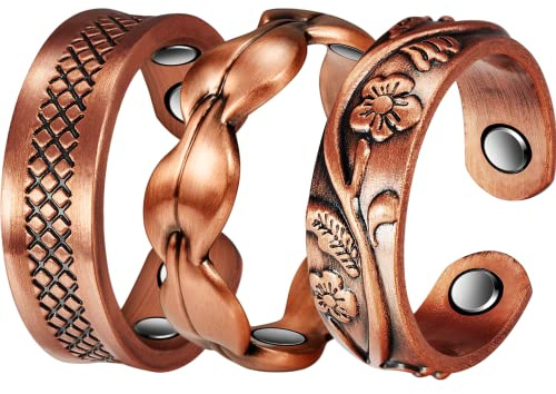 Pure Copper Ringe Set von 3 Magnetisch Kupfer Ring mit starken Magneten Einstellbare Größe Geeignet für Geschenke