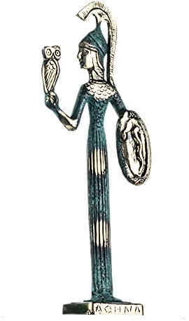 BeautifulGreekStatues Göttin Athena mit Eule und Schild, handgefertigt, massive Bronze, 21,6 cm