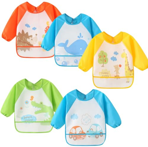 MistQin 5pcs Baby Long Sleeved Bibs,Waterproof Smock Apron 6-36 Months
