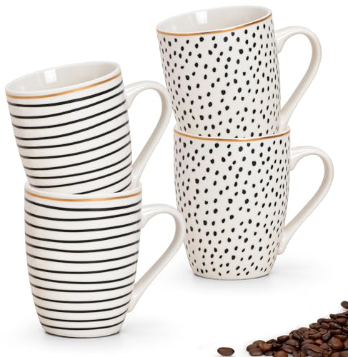 Tassen 4er Set in schwarz weiß Muster - Moderne Porzellan Kaffeetassen in 340ml für Cappuccino, Kaffee, Tee - Außergewöhnliche Kaffeebecher edle Teetassen als Geschenk