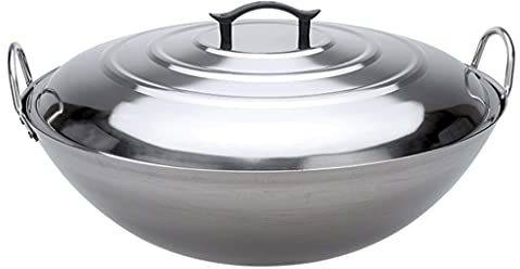 GXDHOME Wok Professionale in Acciaio Inossidabile Non Magnetico per Uso Alimentare - Orecchie Doppie Spesse Extra Fondo Tondo Stile Cinese Wok con Copertura Piana per spato a Gas,50-70cm