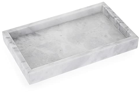 BSTKEY Natural Marble Stone Serving Tray Coffee Table Plater, Rectangle Jewelry Tray Decorative Bathroom Vanity Organizer Toilet Tank Storage Bathtub Plate, 25x15CM (Grey)