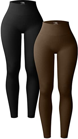 OQQ Damen 2 Stück Yoga Leggings Gerippt Nahtlos Workout Hohe Taille Athletic Pants, Schwarz - Black Coffee, Groß