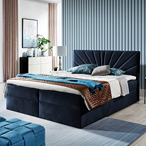 FURNISTAR Boxspringbett Doppelbett TEO - Bett mit Bonellmatratze, mit Bettkasten für Bettwäsche und Topper. Gepolsterte Kopfstütze in 3 verschiedenen Varianten (Dunkel blau, 180x200 TEO 2)