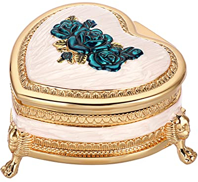 IGNPION Vintage-Schmuckkästchen aus Metall, kleine Aufbewahrungsbox für Ringe, Ohrringe, Halsketten, Schmetterling-Design (Gold, Herzform), Blau