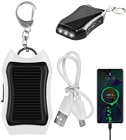 Solar Power Bank Keychain, 1200mAH Large-capacity Battery Small Solar Charger, Portable Solar Charger Keychain with LED Torch, Key Ring Mini Power Bank for for Mobile Phones Tablets (White)