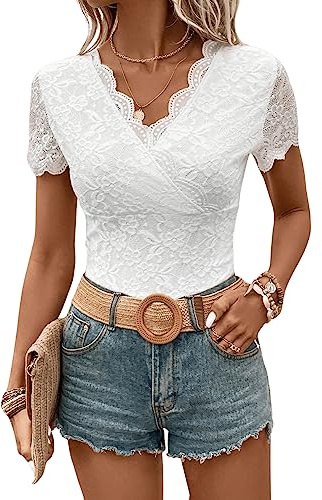 GORGLITTER Damen Body Spitzen Bodysuit Muscheln Oberteil Elegant Spitzenbody Trachtenbody Party Bodys mit V-Ausschnitt Weiß M